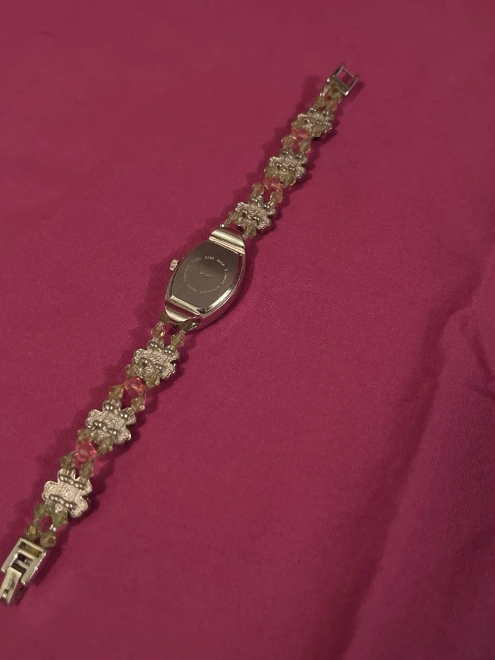 Floral Crystal Bracelet Watch in Green and Pink Accents